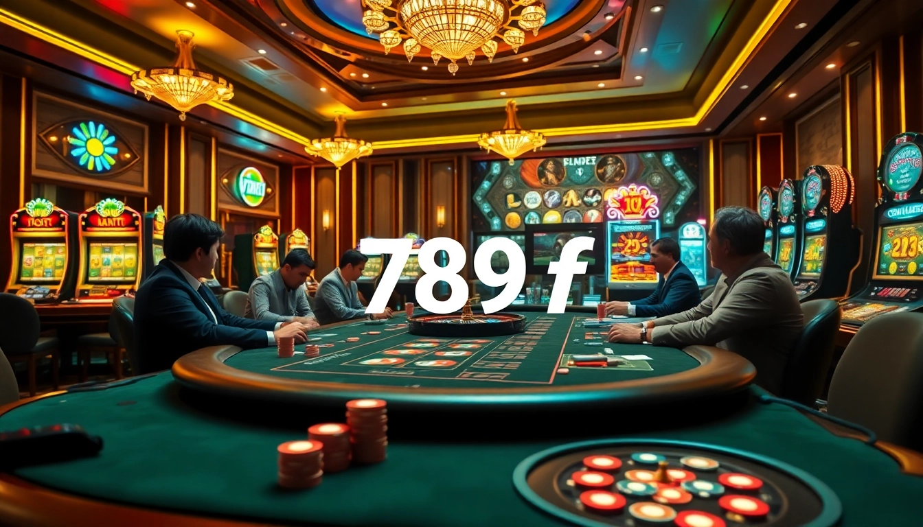 A dynamic poker game scene at a casino showcasing 789f, with vibrant lights, stacked chips, and players focused on their strategy.