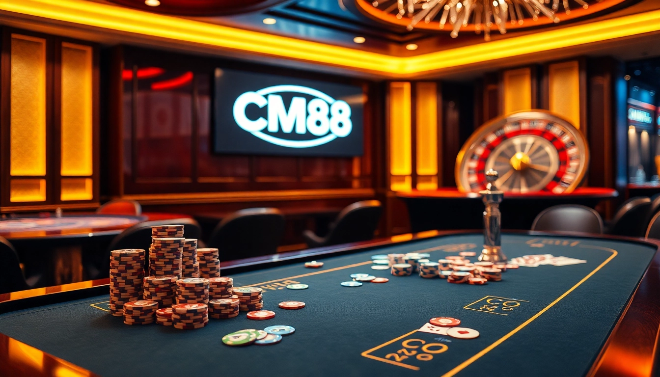 Experience thrilling gameplay at the CM88 poker table with colorful chips and cards.