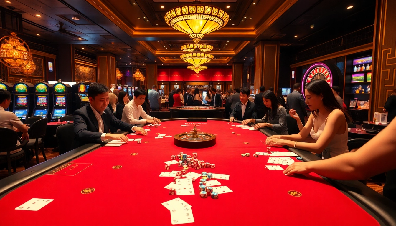 Engaging players enjoy Tài Xỉu MD5 in a vibrant, luxurious casino atmosphere, featuring dice and betting slips.