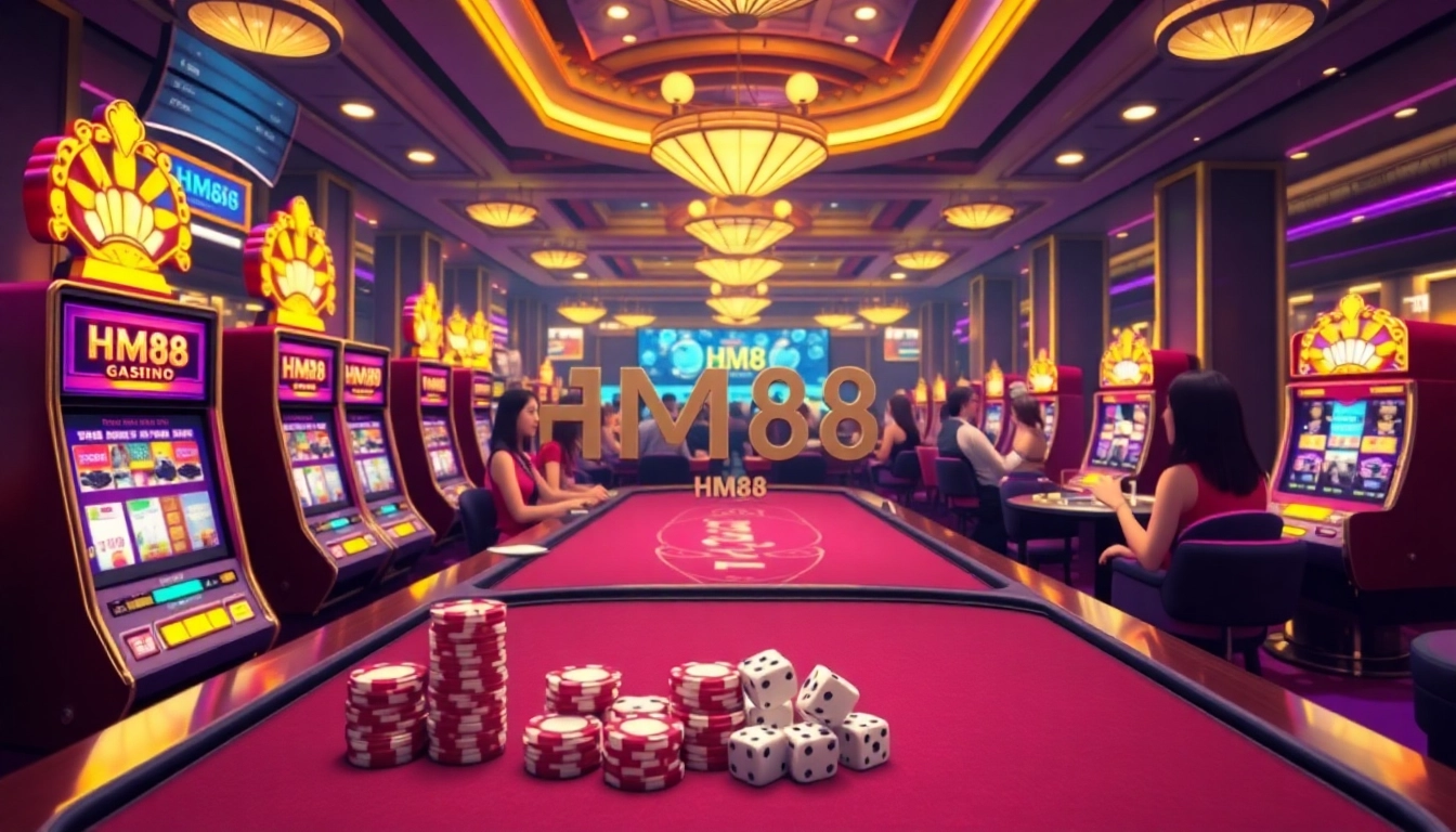Experience the excitement of HM88 with vibrant casino tables and players engaged in thrilling games.