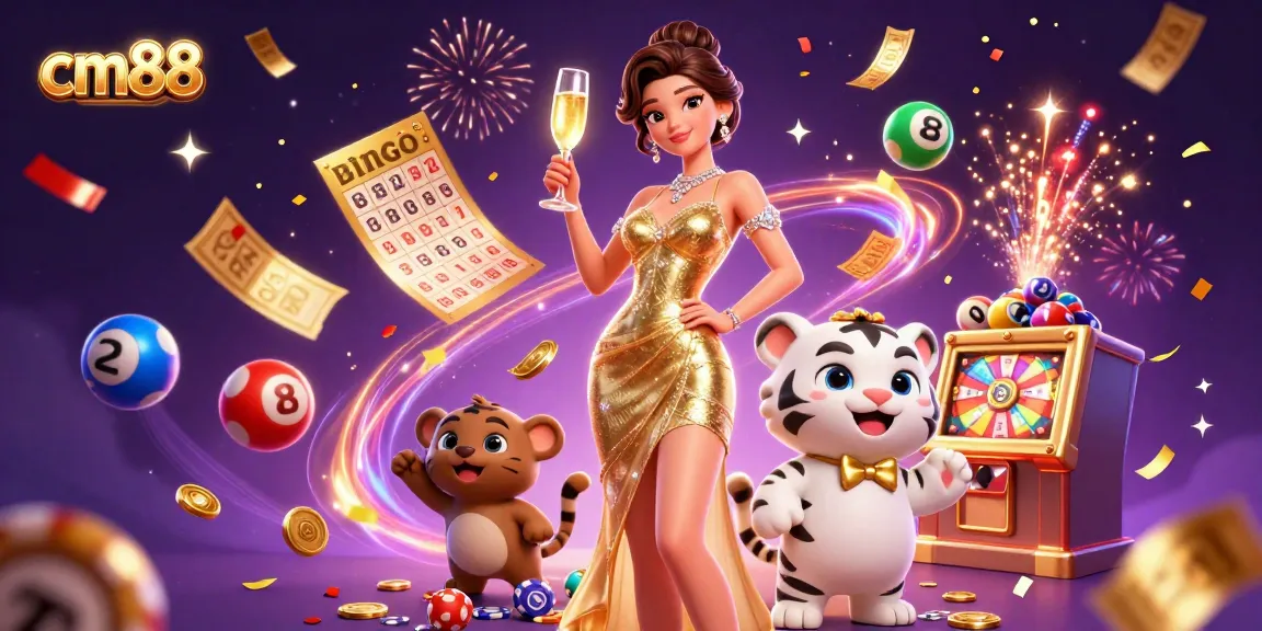 Experience excitement at cm88 with a glamorous character amid colorful casino elements and dynamic lottery themes.