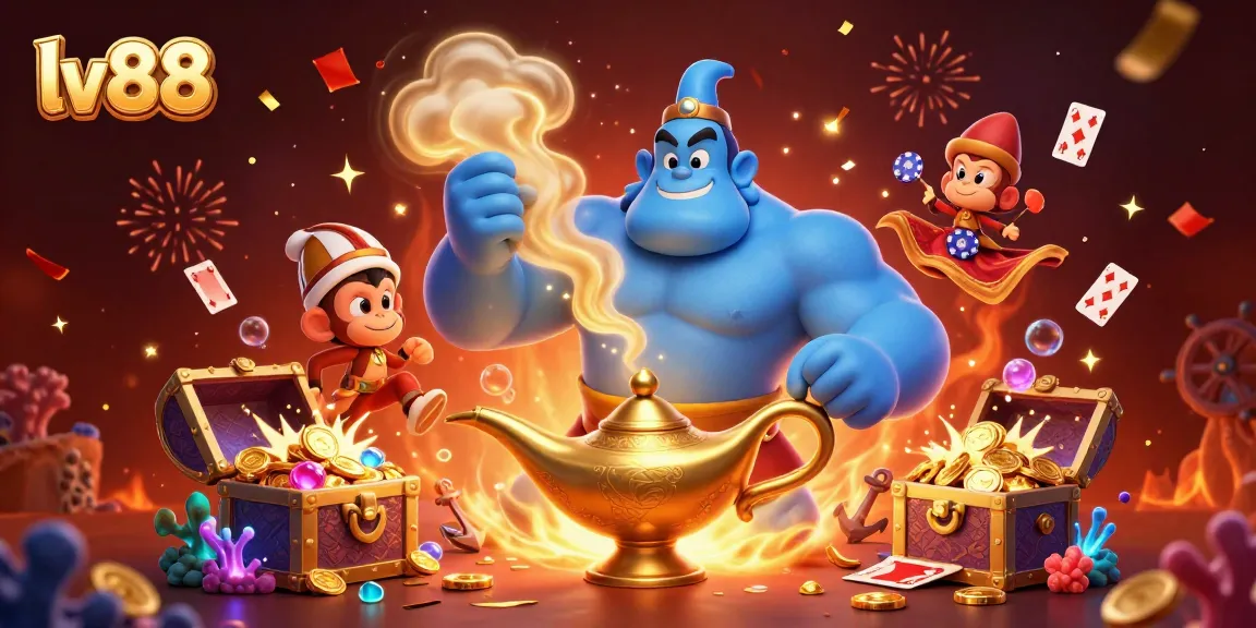 Join the gaming excitement at lv88 with a jazzed-up 3D scene featuring a blue genie, poker chips, and festive elements.
