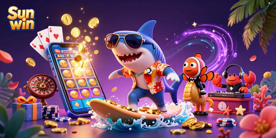 Engage in winning fun with Sun win, featuring a shark surfing gold coins in a vibrant casino scene.